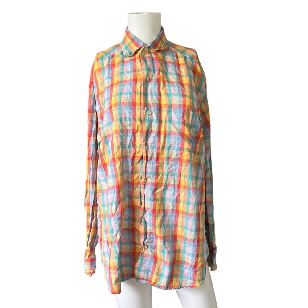 Paul Stuart Multicolor Rainbow Plaid Button Up Cooper Shirt Cotton Size Medium M